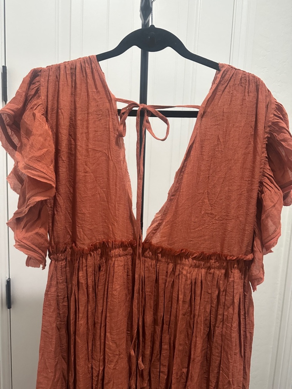 FLAWLESS Rust Maxi Dress V-Neck Ruffle Sleeves Gathered Waistline Button Front L - Picture 7 of 11